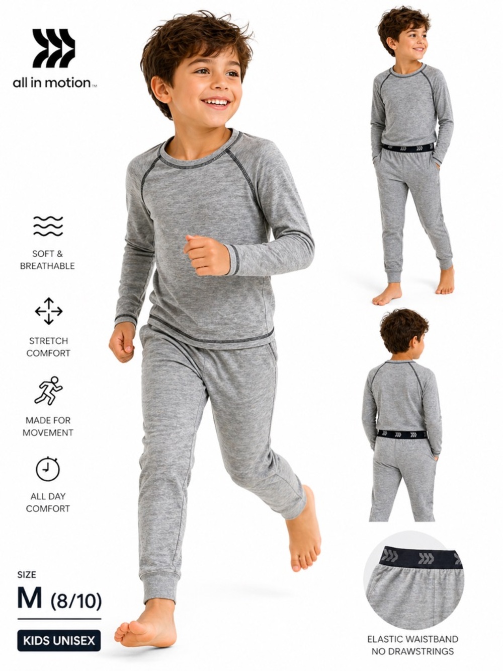 All in Motion Kids Gray Active Set Top & Leggings Size M 8/10 Like New